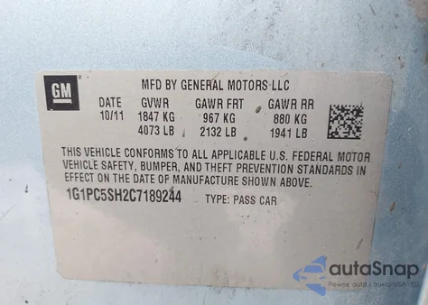 2012 Chevrolet Cruze Ls z USA, uszkodzony, nr VIN 1G1PC5SH2C7189244